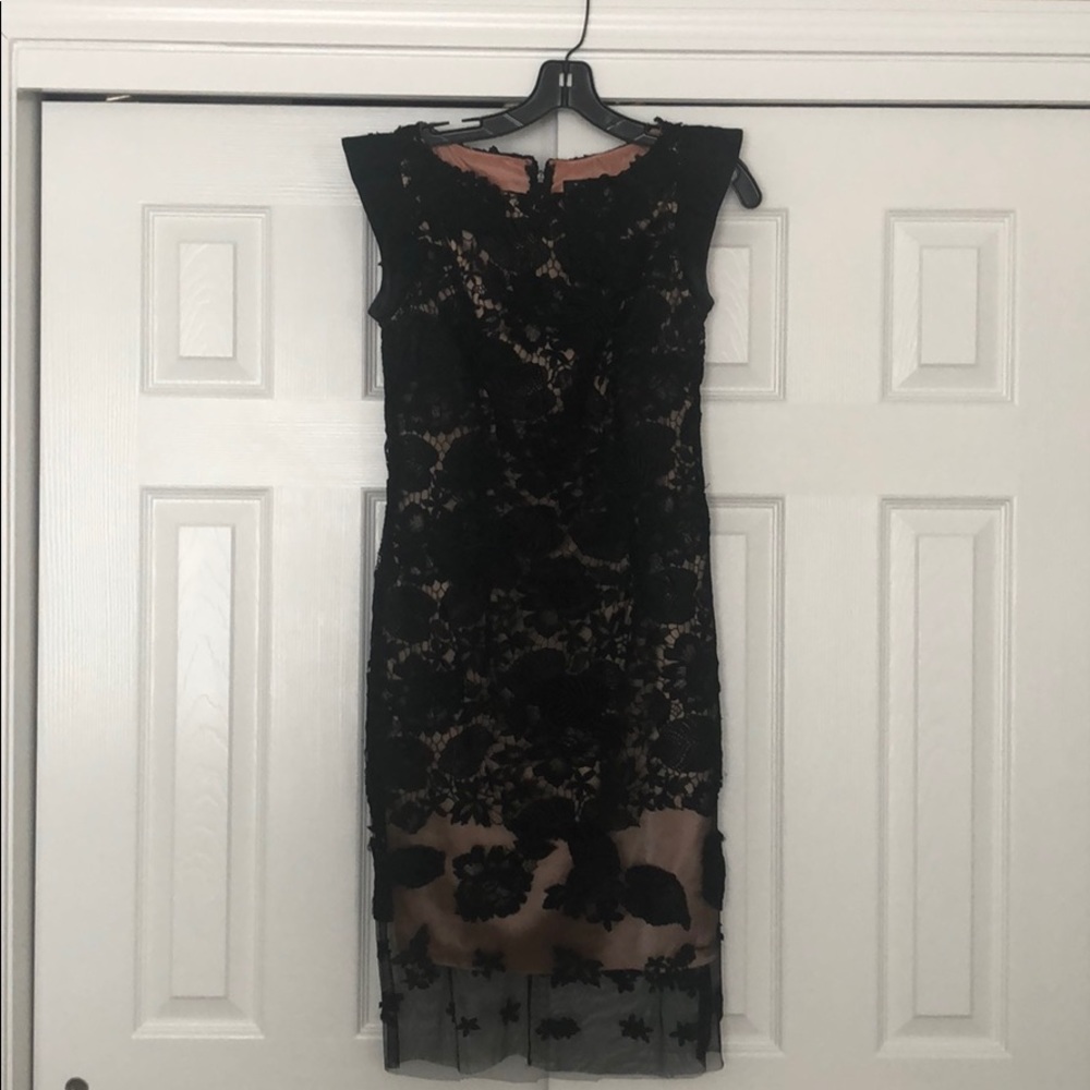 Jovani black lace overlay mid length evening dress